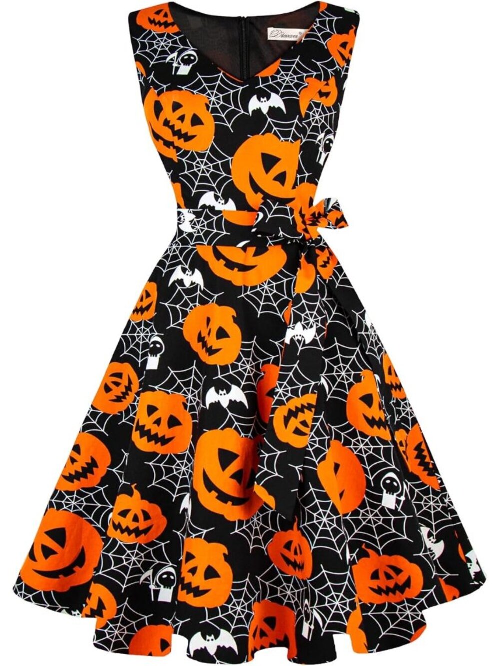 Women's Pumpkin V Neck Sleeveless Vintage Zipper Cocktail Halloween Dress - Picture 1 of 5